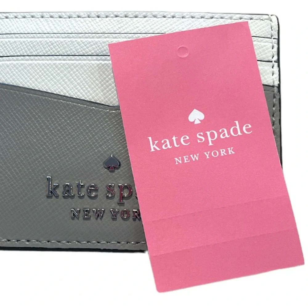 Kate Spade Staci Colorblock Saffiano Leather Card Case Wallet Gray White